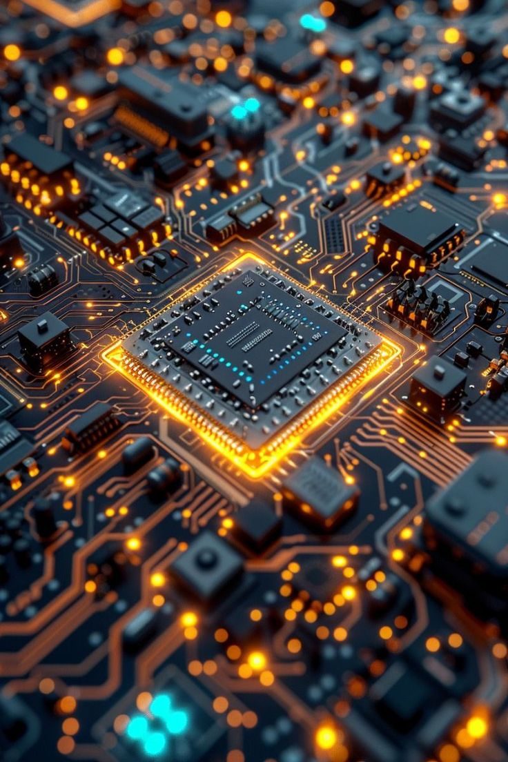 Microchip sobre placa de circuito con trazas iluminadas